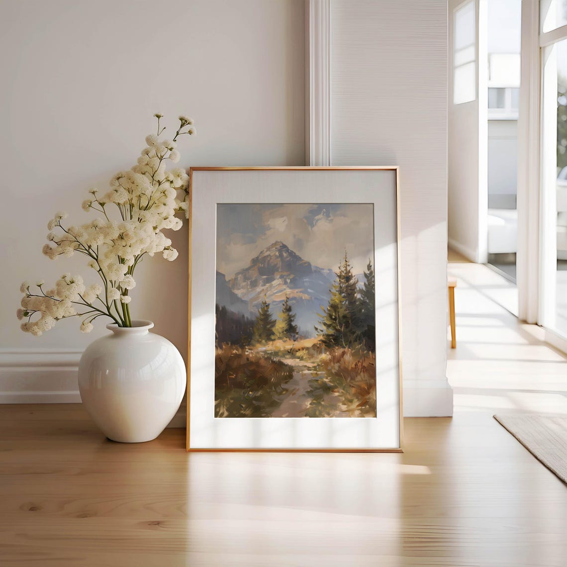Vintage Mountain Cabin Painting Pine Forest Peak Rustic Wall Art