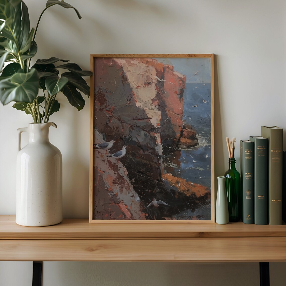 Dramatic Red Rock Coastal Cliffs Seagulls Ocean Seascape Painting Poster - Image 2