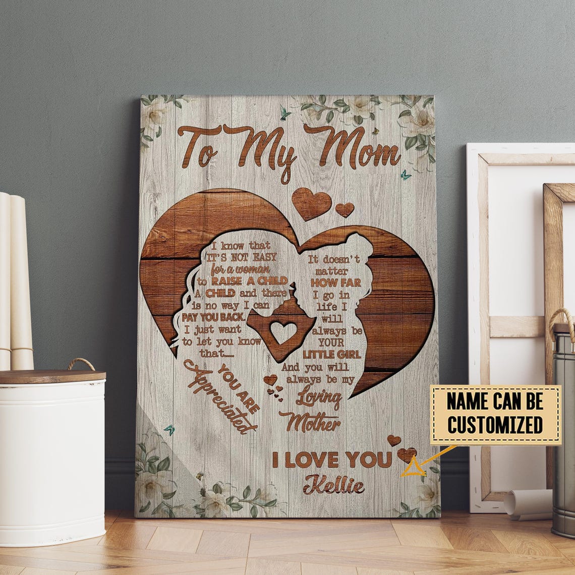 To My Mom Personalized Wooden Heart Mom And Daughter Silhouette Poster - Image 3