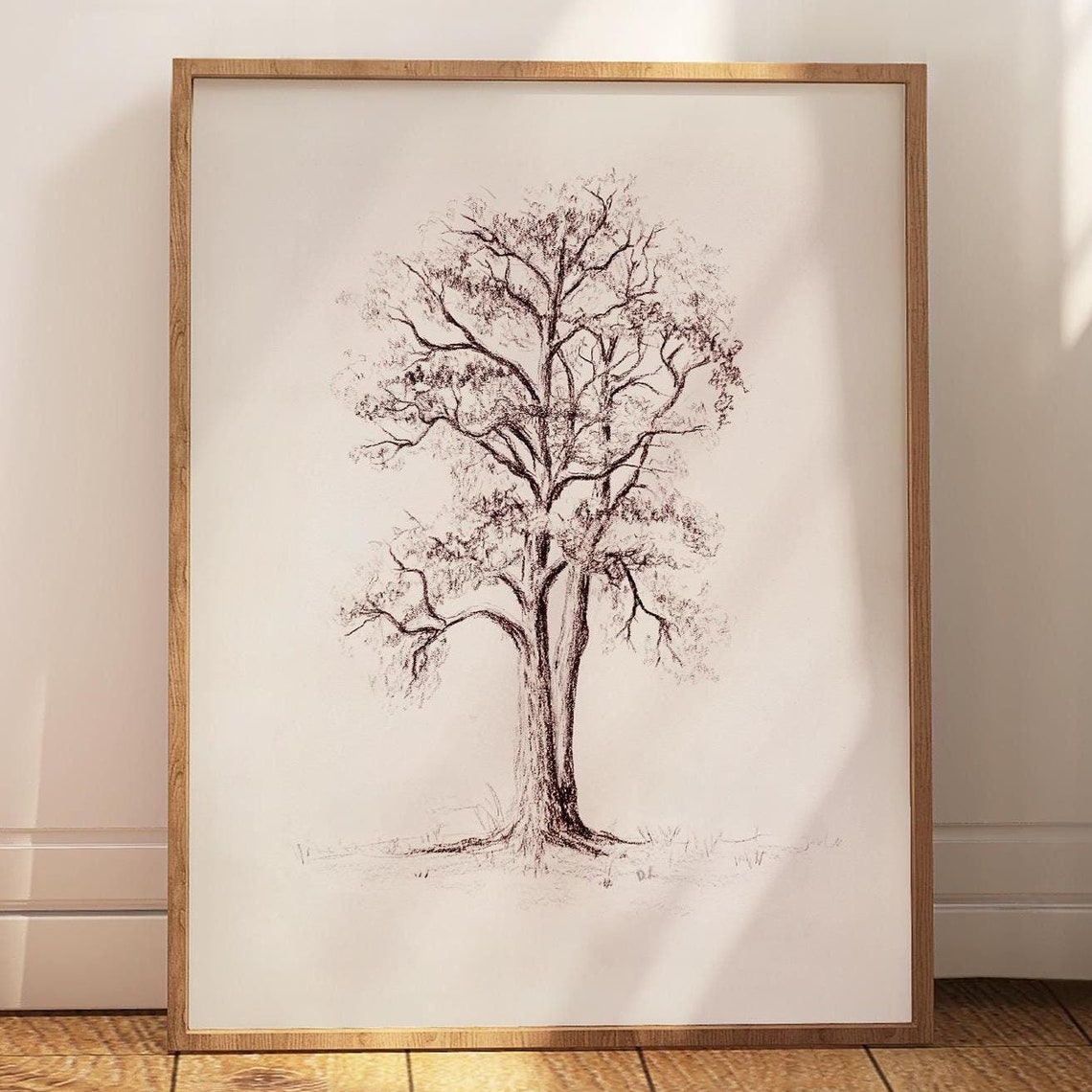 Oak Tree Spreading Branches Graphite Sketch Botanical Nature Print
