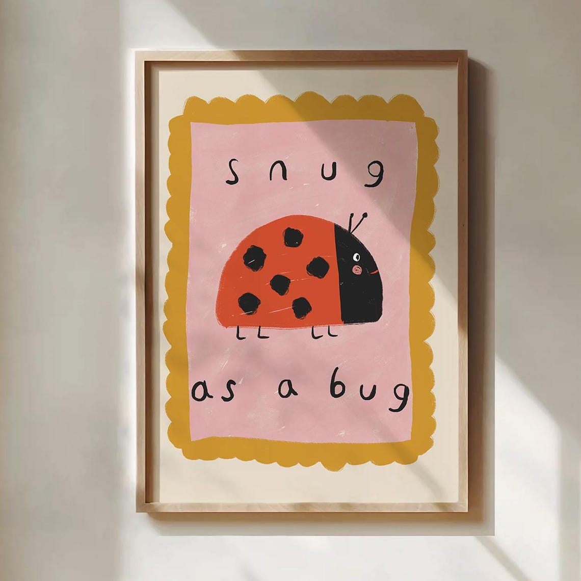 Snug As A Bug Cute Ladybug Nursery Poster In Pink And Mustard