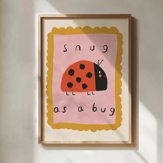 Snug As A Bug Cute Ladybug Nursery Poster In Pink And Mustard