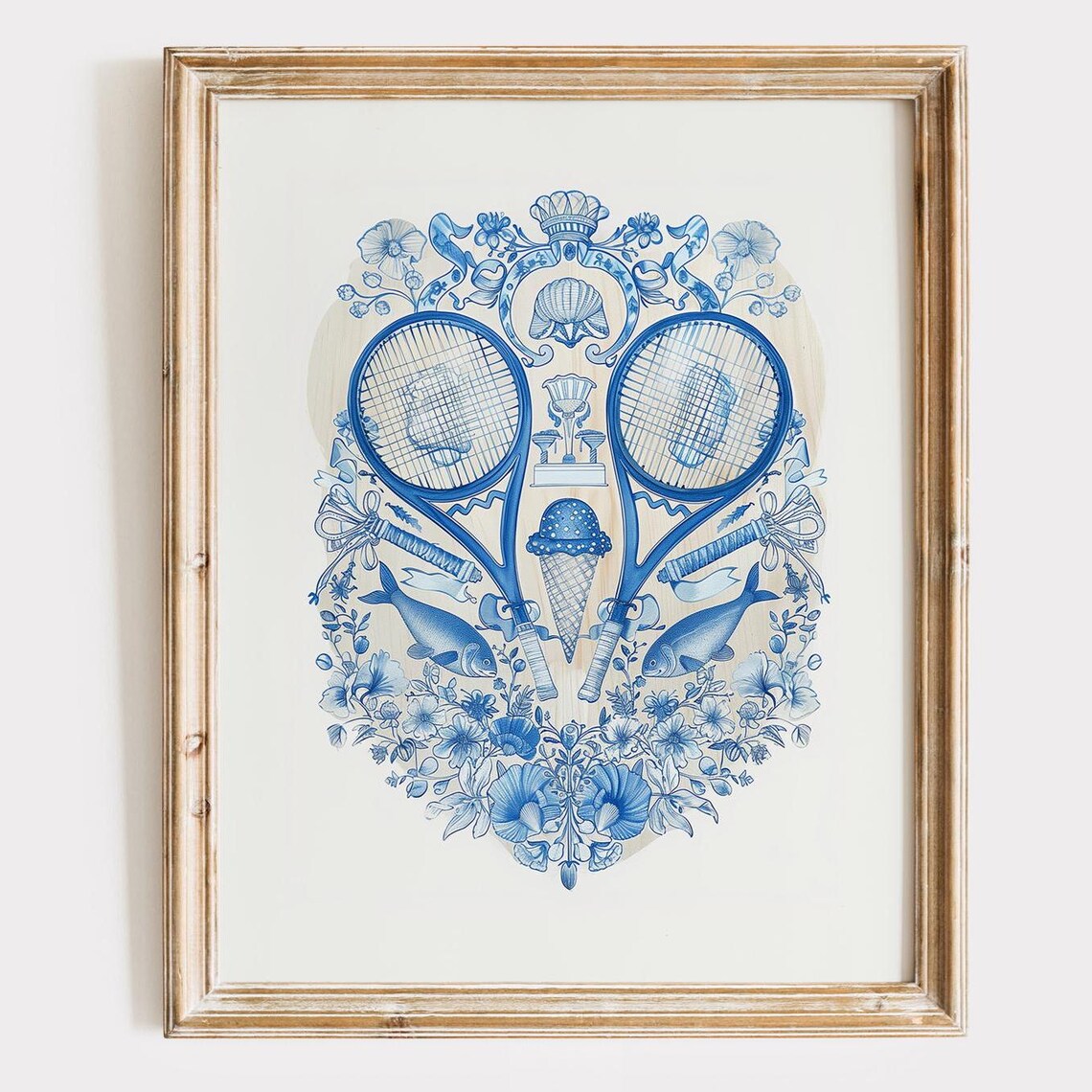 Elegant Blue and White Tennis Crest With Crossed Rackets Art Poster