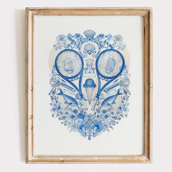 Tennis Heraldic Crest Print Chinoiserie Racket Decor