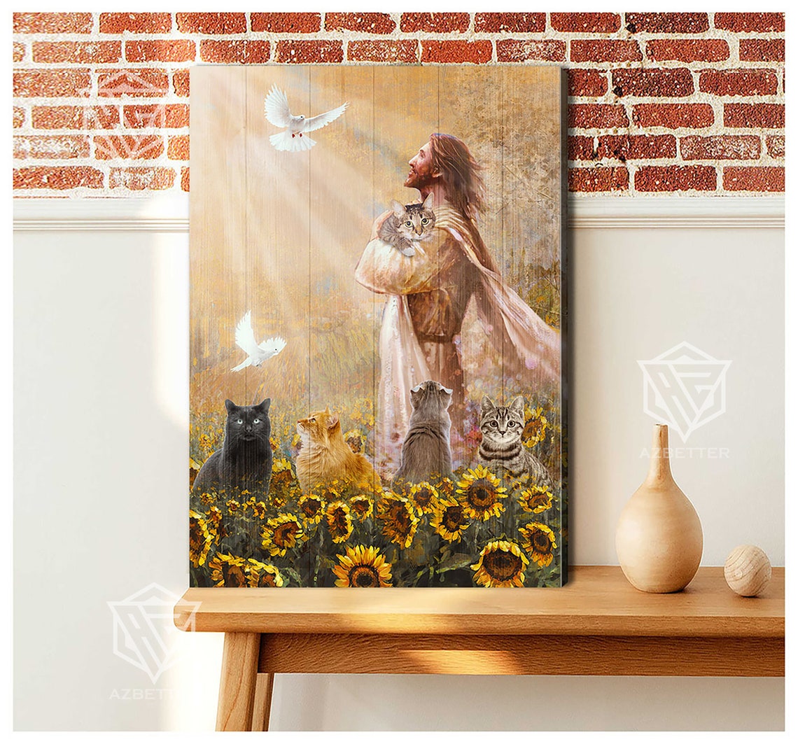 Jesus Holding Kitten In Sunflower Field With Cats And Doves Poster - Image 3