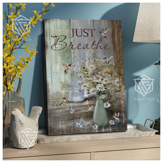 Just Breathe Hummingbirds Daisies Pitcher Vertical Canvas Poster