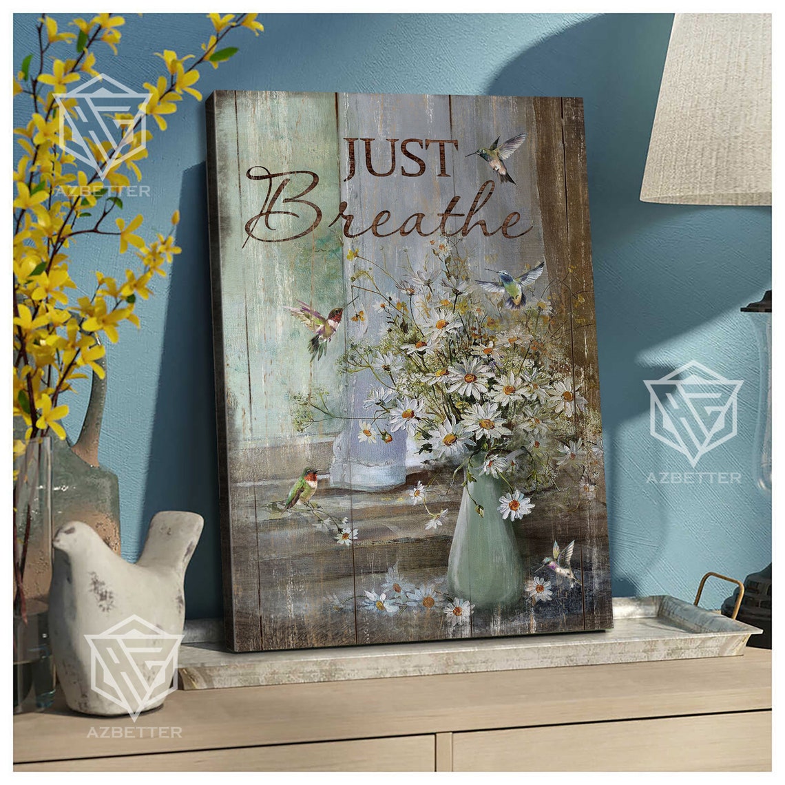 Just Breathe Hummingbirds Daisies Pitcher Vertical Canvas Poster