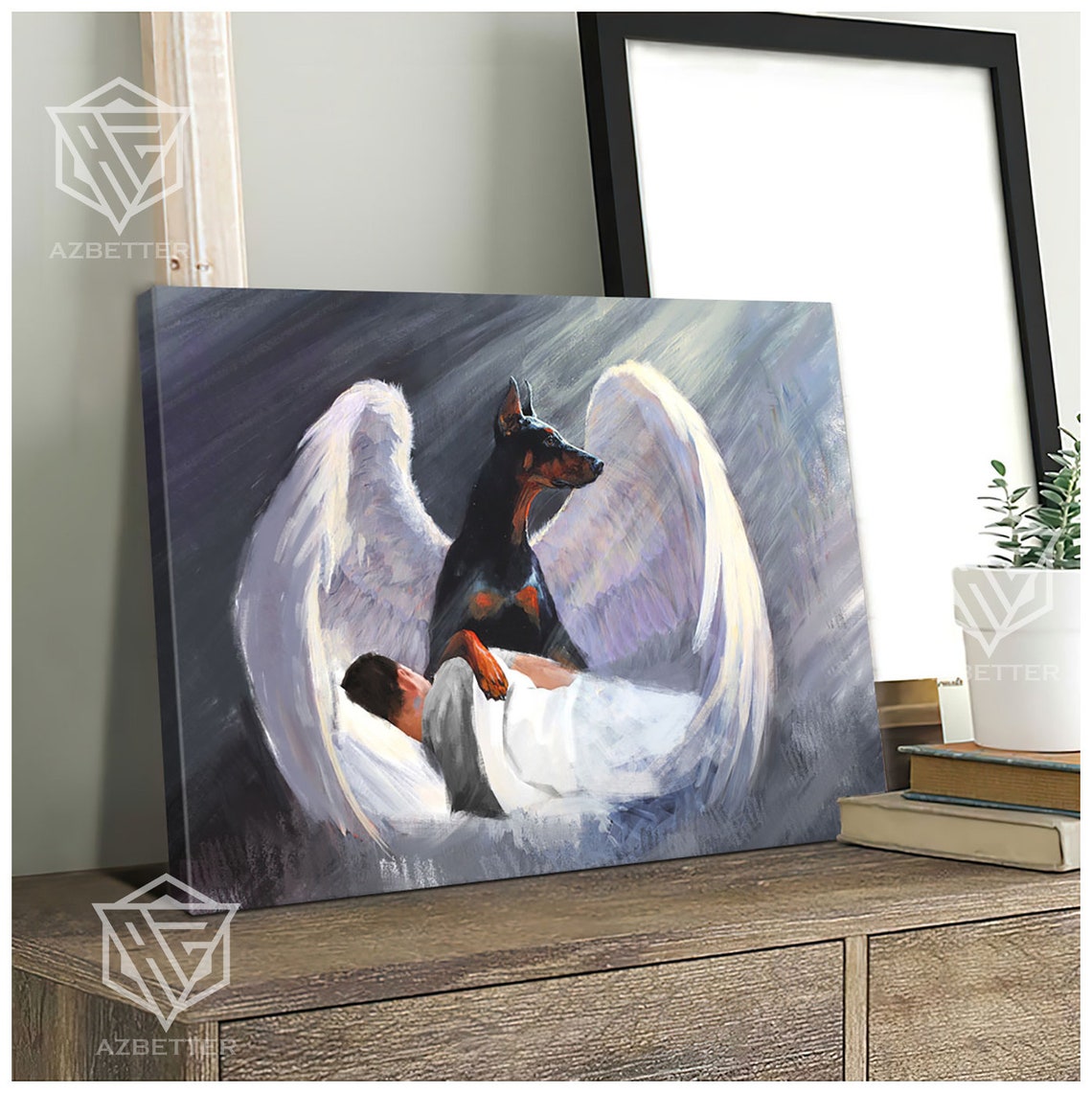 Doberman Angel Wings Guardian Watching Over Sleeping Man Poster
