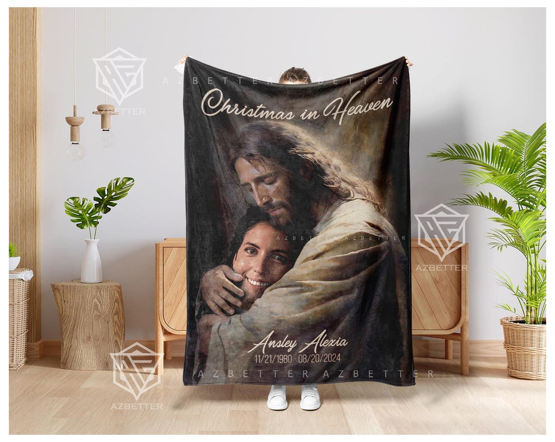 Christmas In Heaven Jesus Embracing Loved One Memorial Blanket Poster