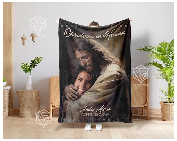 Christmas In Heaven Jesus Embracing Loved One Memorial Blanket Poster