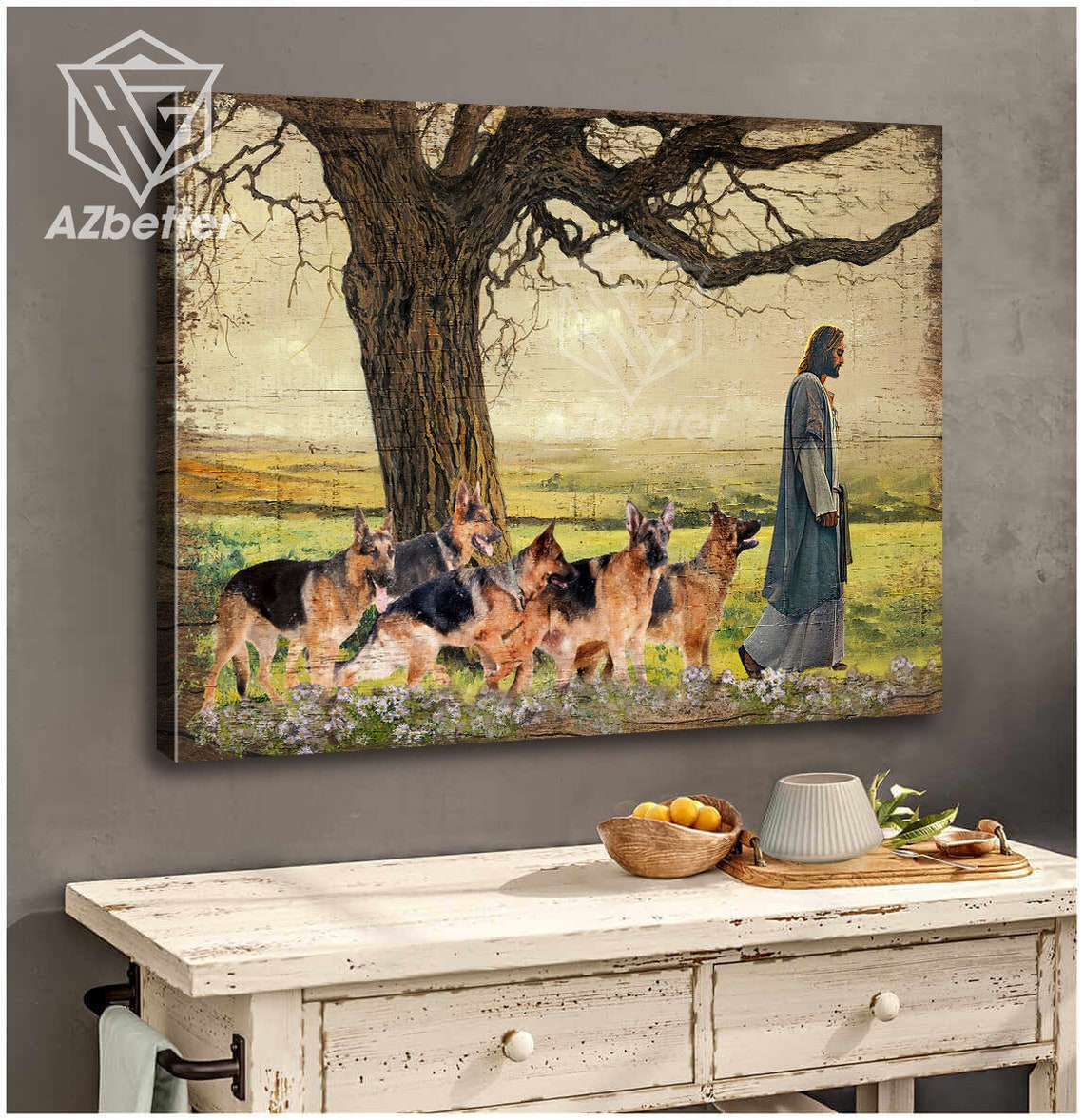 Jesus Walking with Five German Shepherds Across a Sunny Meadow Poster - Image 4