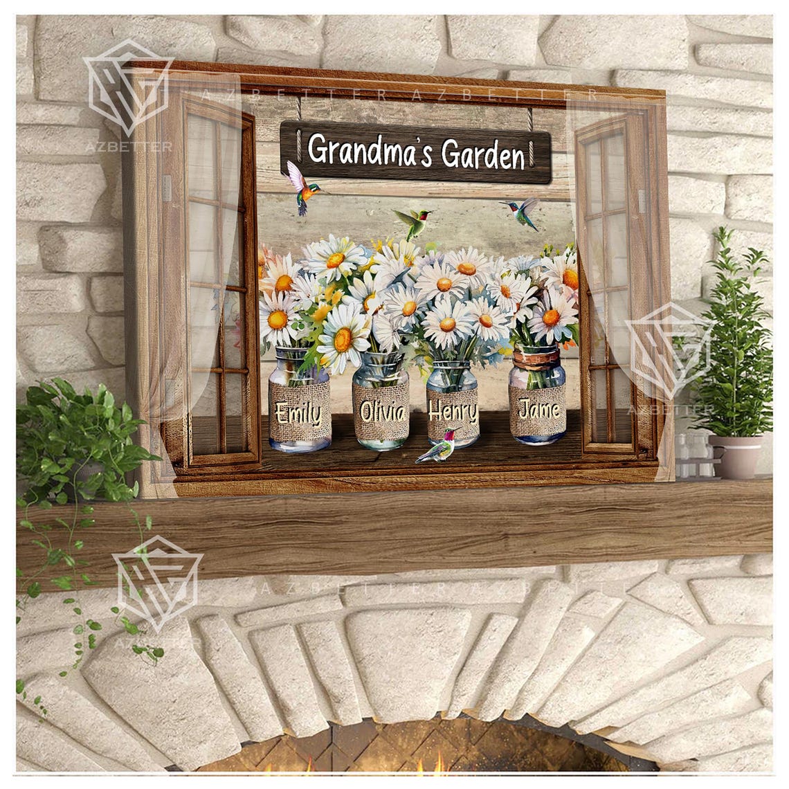 Grandma's Garden Rustic Window Daisy Jar Personalized Flower Poster