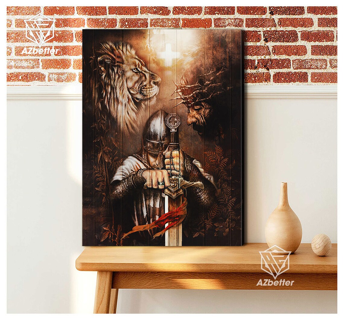 Knight Warrior of God with Sword Lion Jesus Glowing Cross Faith Poster