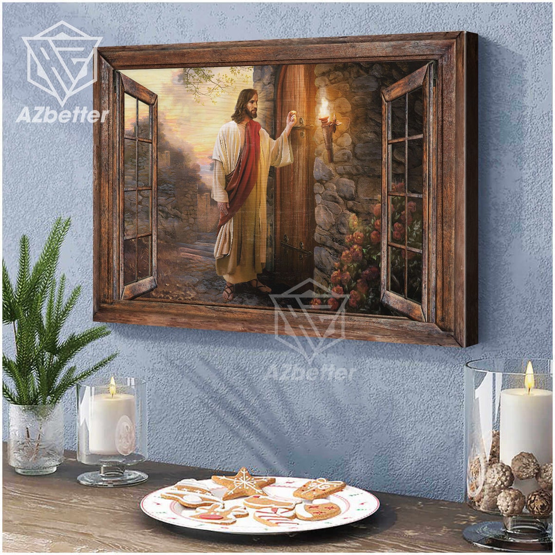 Jesus Knocking At The Door Open Window Sunset Scene Art Poster - Image 3