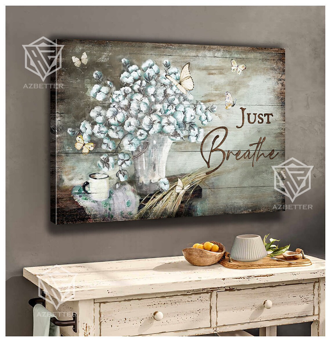 Just Breathe Vintage Cotton Flower Butterfly Rustic Farmhouse Poster - Image 3
