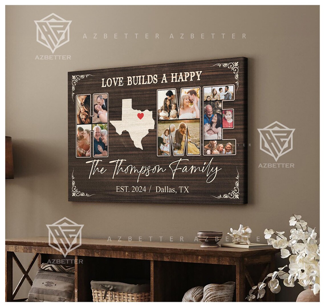 Love Builds A Happy Home Texas Map Family Photo Collage Wall Poster - Image 2