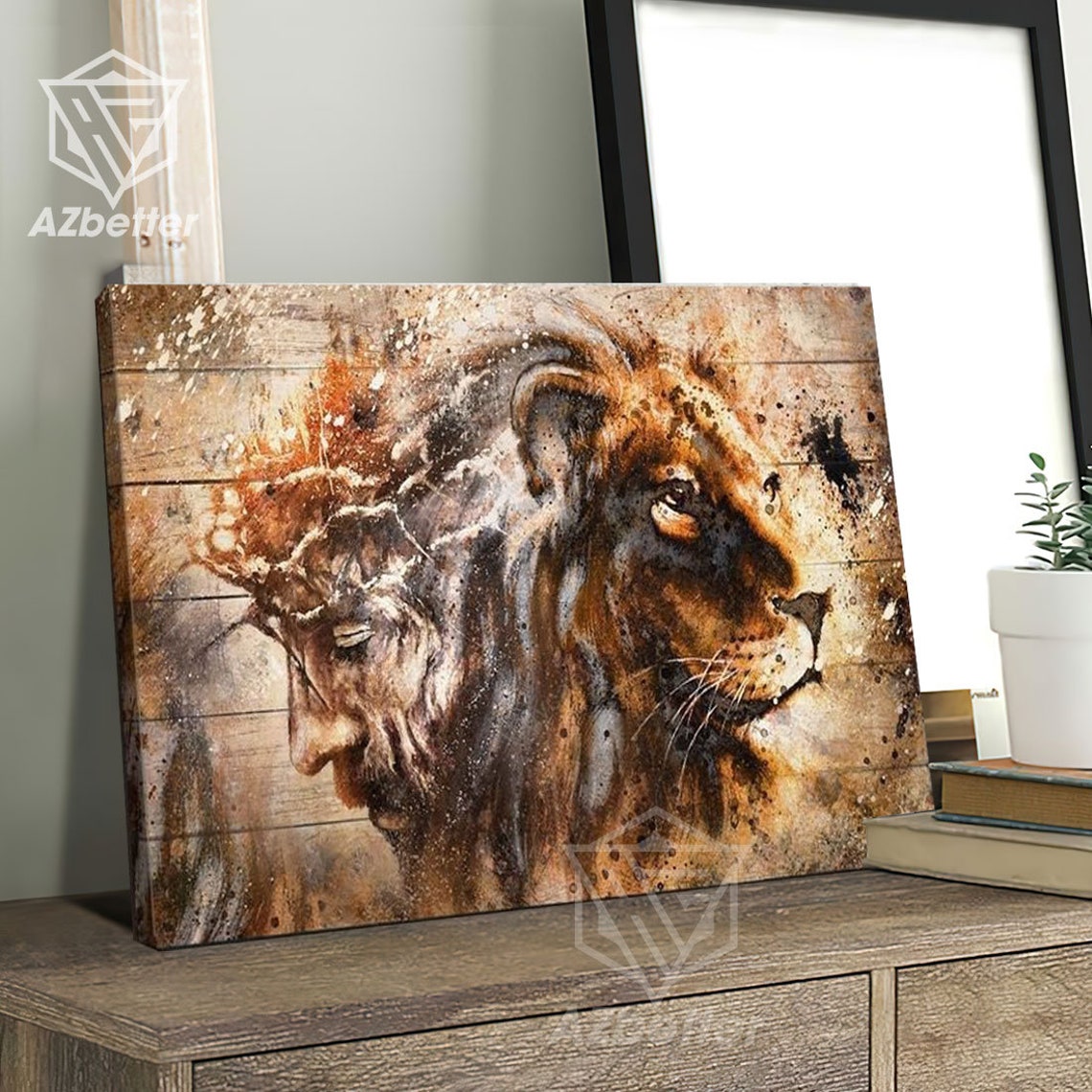Lion And Jesus Double Exposure Watercolor Crown Thorns Poster