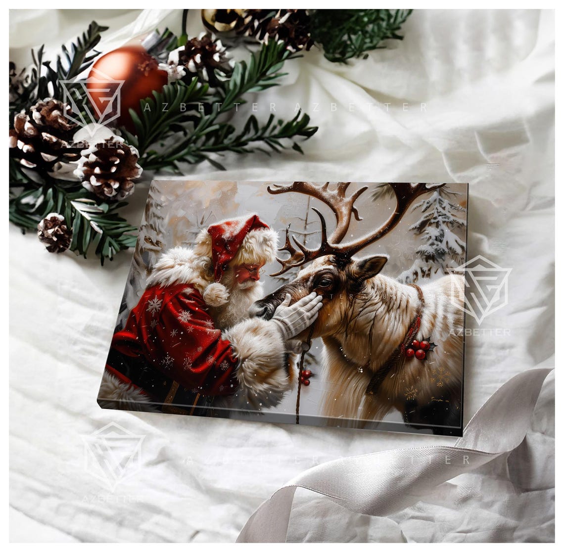 Santa Gently Petting Reindeer Snowy Forest Christmas Canvas Poster - Image 2