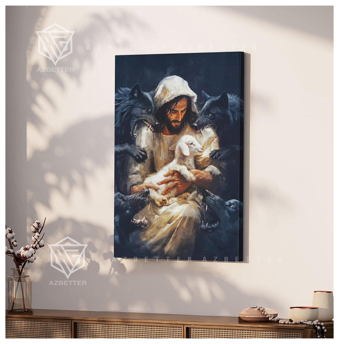 Jesus Protecting The Lamb From Wolves Christian Faith Canvas Poster - Image 5