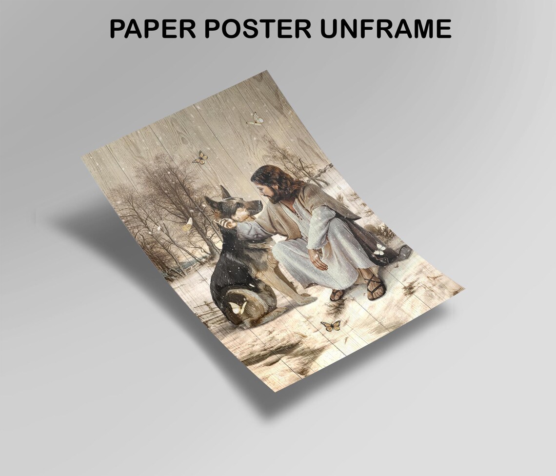 Jesus Sitting with German Shepherd in Winter Snow Butterflies Poster - Image 2