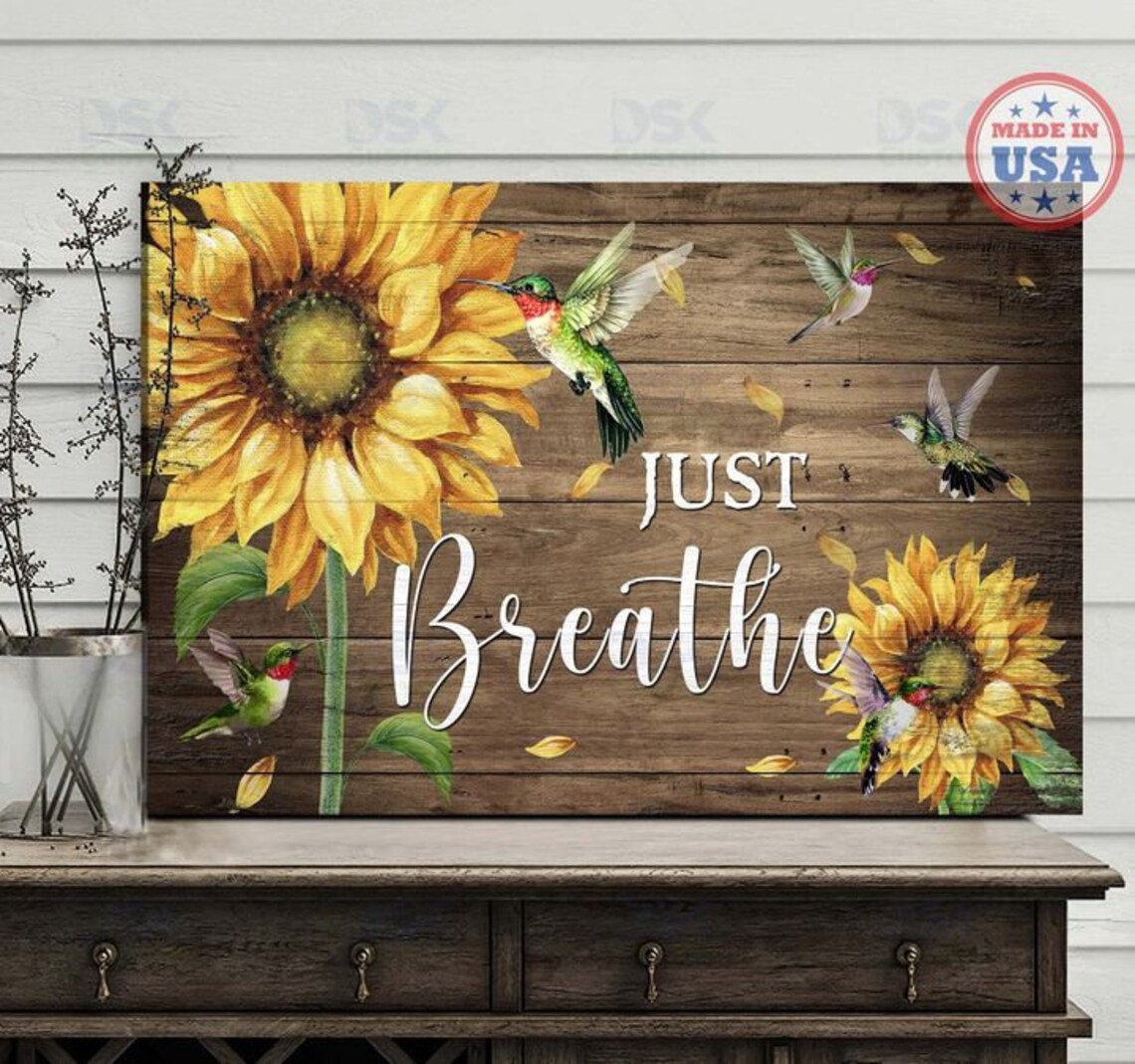 Just Breathe Sunflower and Hummingbird Rustic Wood Plank Poster