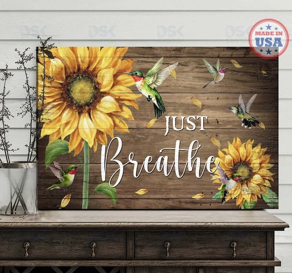 Just Breathe Sunflower and Hummingbird Rustic Wood Plank Poster