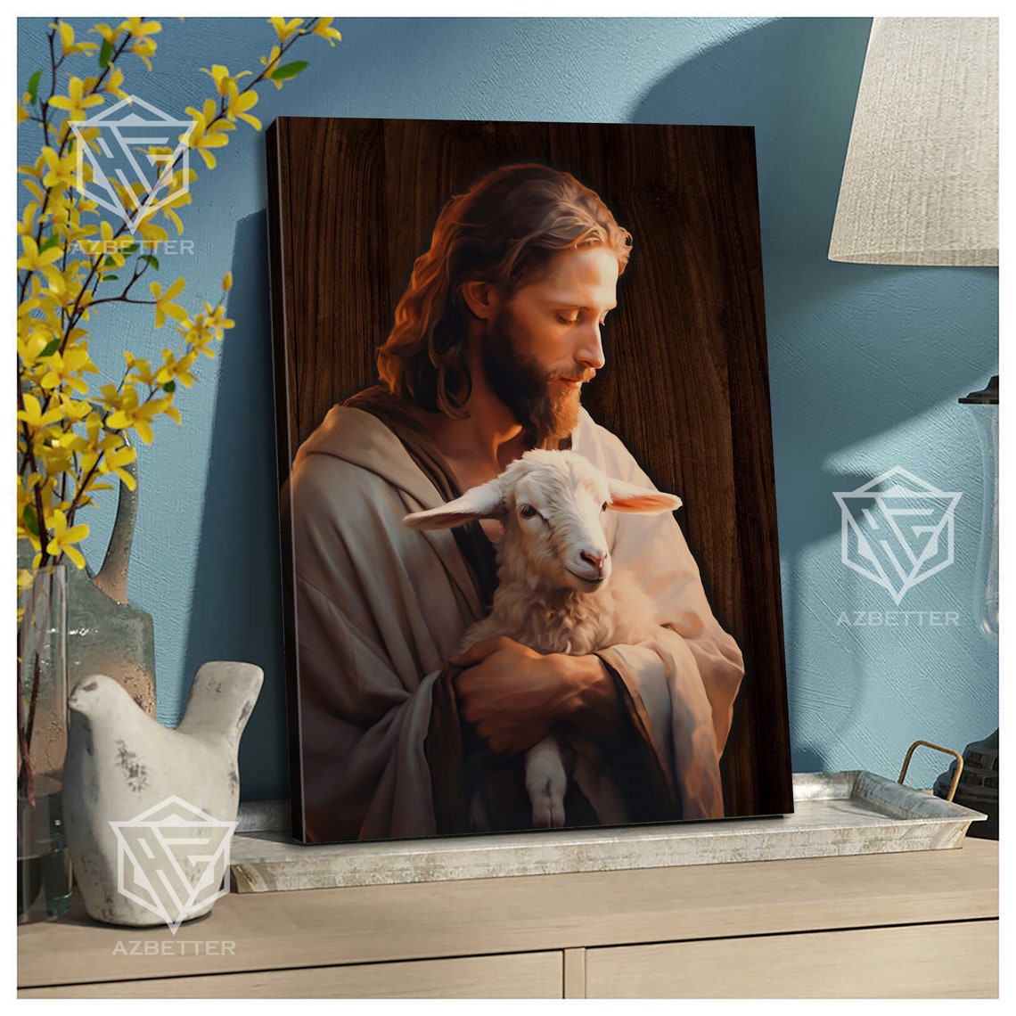 Jesus Holding Lost Lamb in Arms Gentle Savior Painting Poster - Image 2