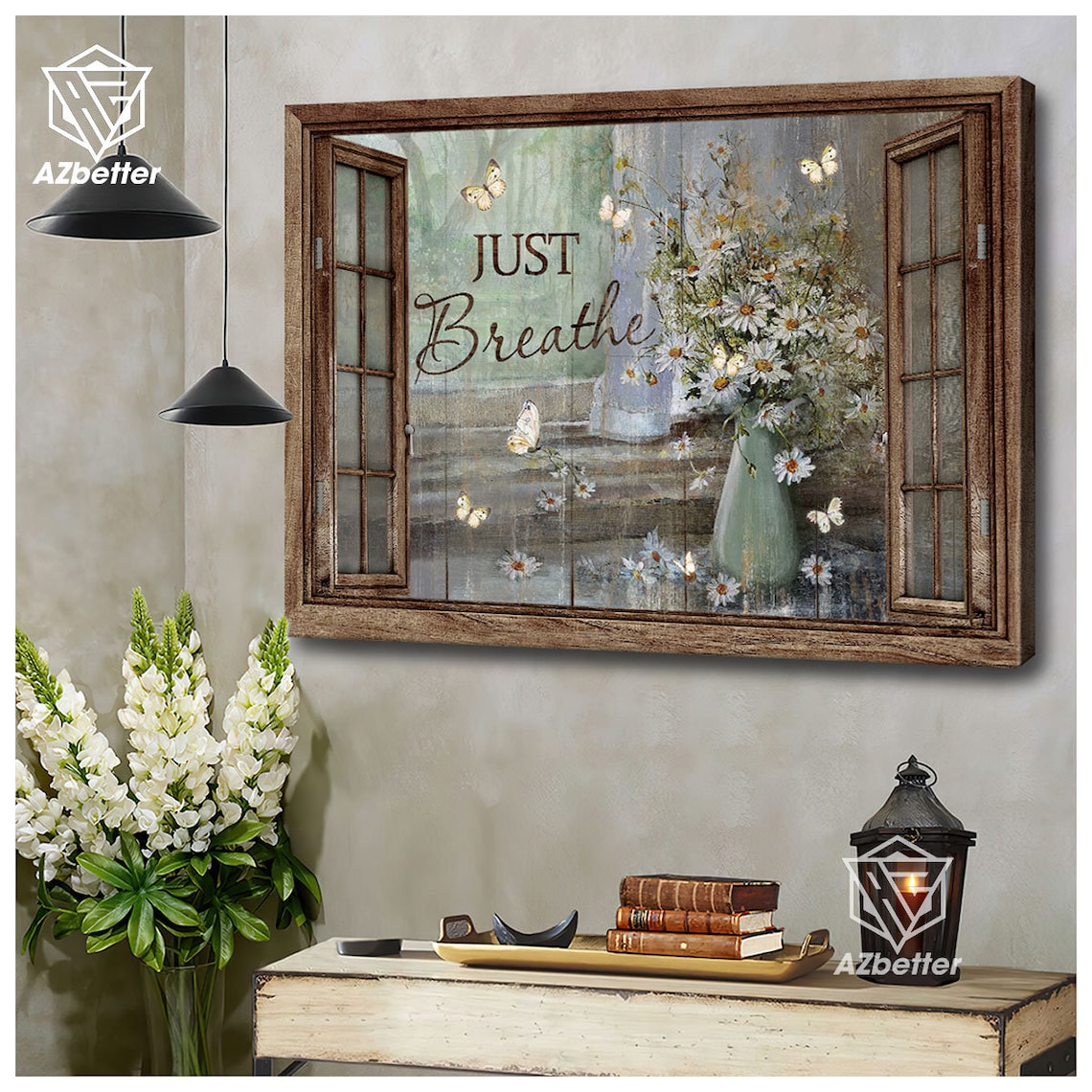 Just Breathe Open Window Daisies Butterfly Farmhouse Vintage Poster - Image 4