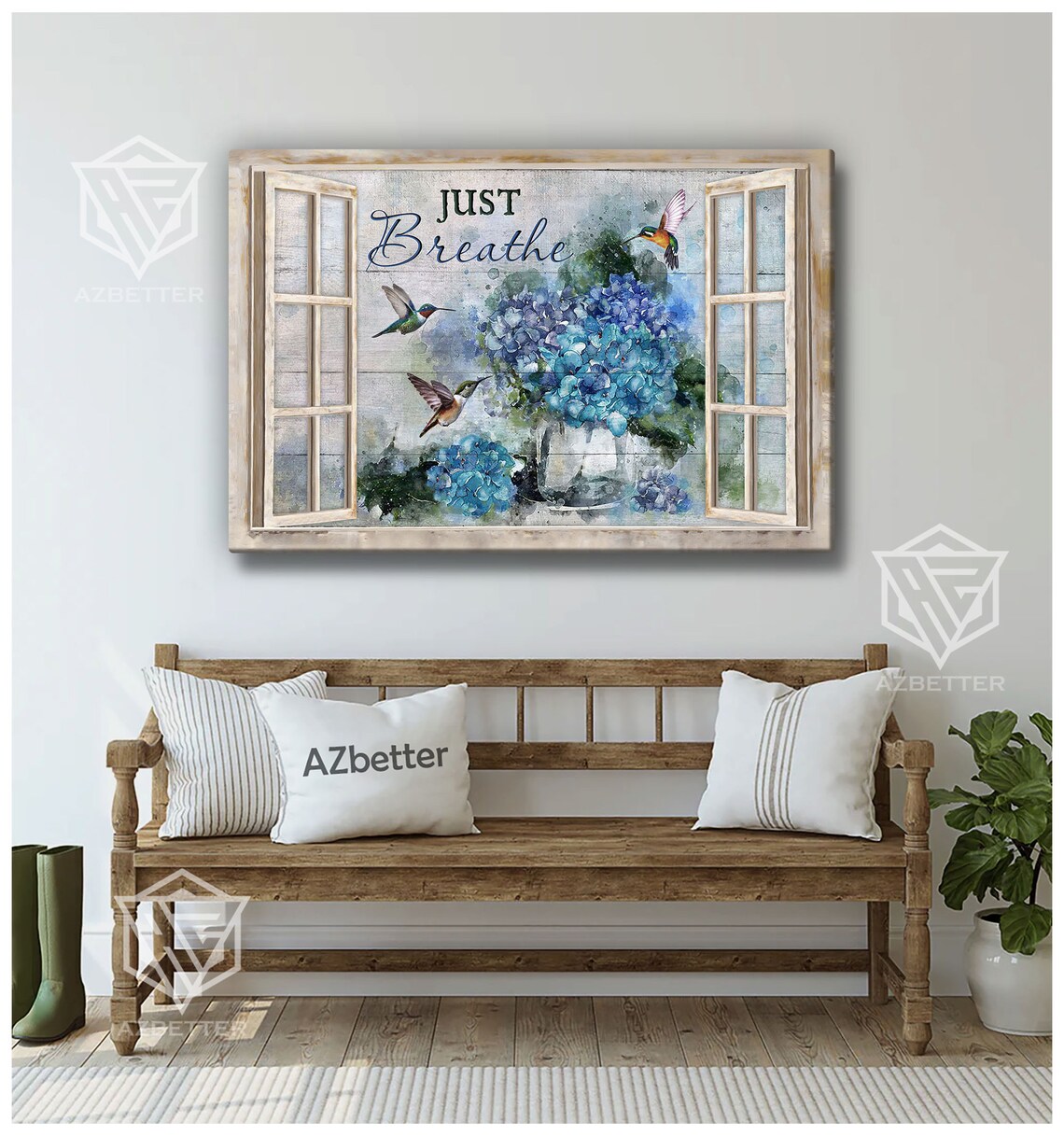 Just Breathe Rustic Window With Blue Hydrangeas And Hummingbirds Poster - Image 5