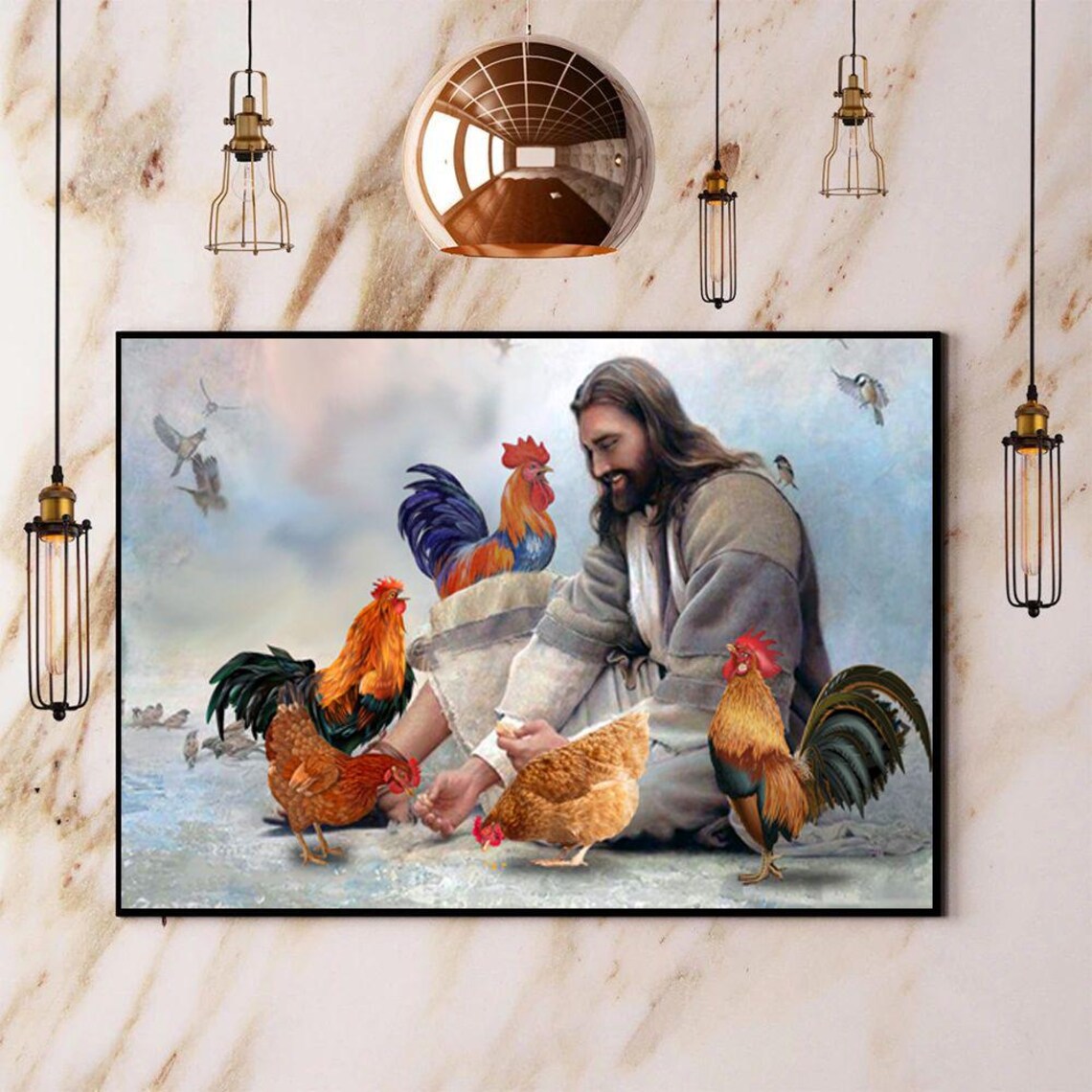 Jesus With Chickens Watercolor Pastoral Farm Animal Scene Poster - Image 4