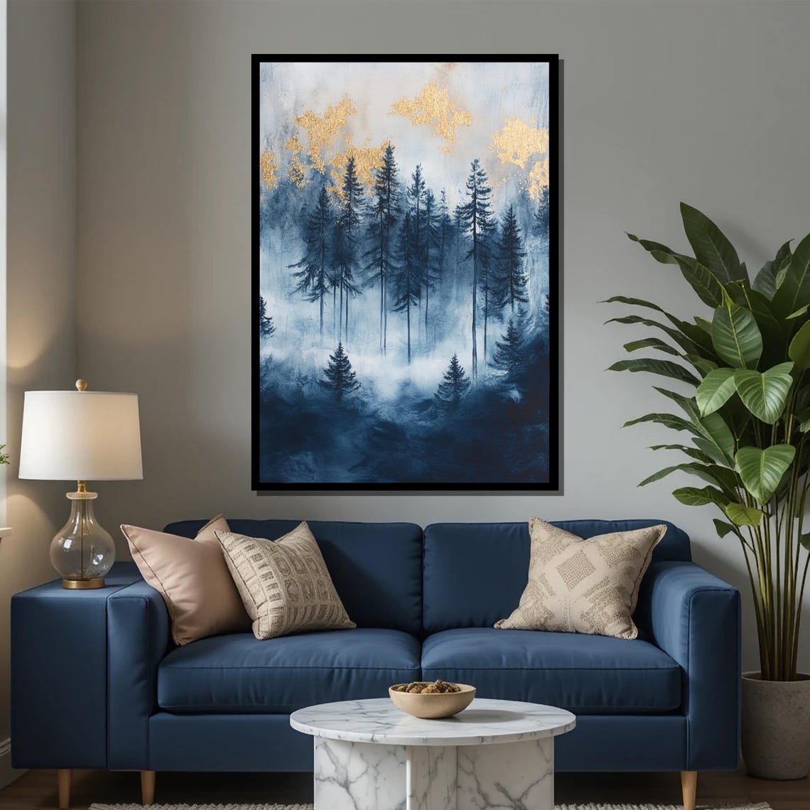 Misty Forest Painting Blue And Gold Landscape Art Serene Nature Wall Decor Elegant Gift For Home - Image 2