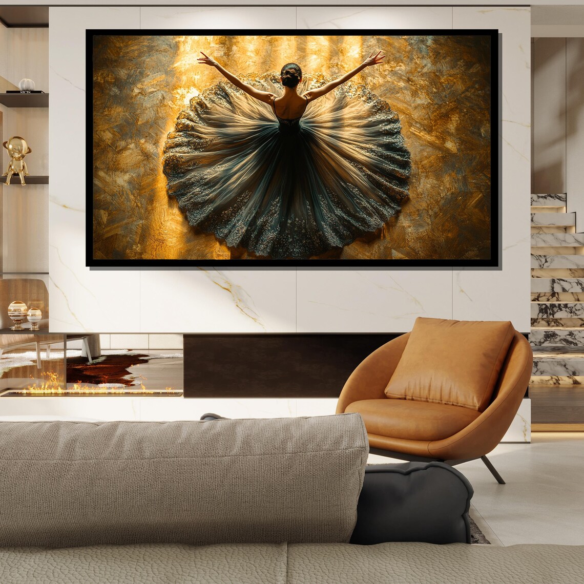 Ballerina in a Flowing Black Tutu on a Gold Background Poster - Image 2