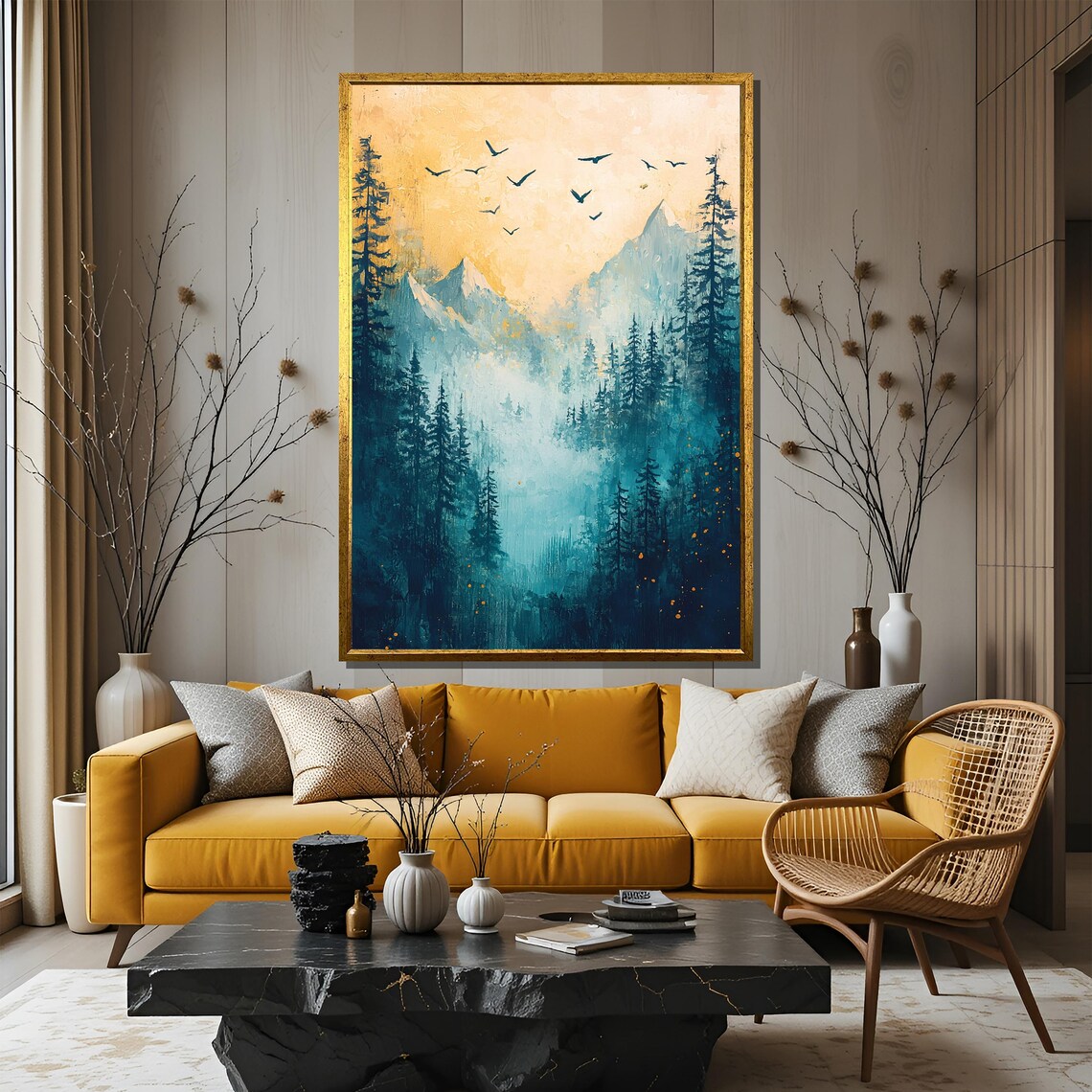 Misty Mountain and Birds Painting, Nature Print - Image 3