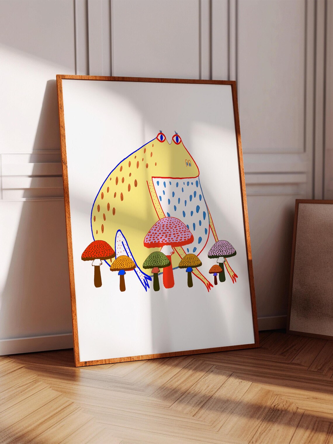 Happy Yellow Frog with Colorful Mushrooms Whimsical Art Poster