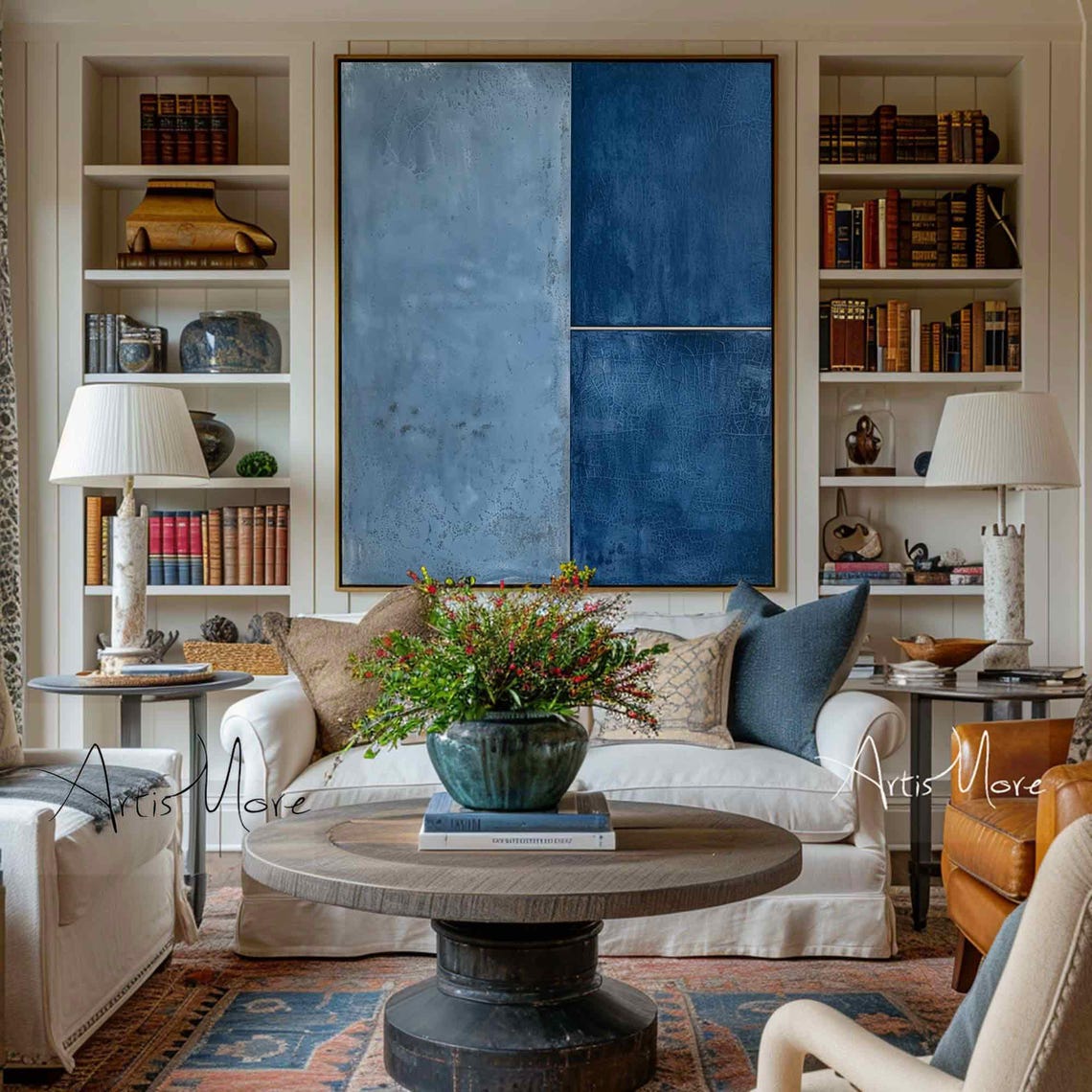 Blue Minimalist Block Abstract Painting Two Tone Navy Texture Wall Art - Image 3