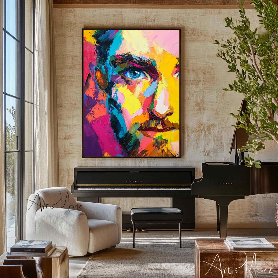Colorful Pop Art Man Face Abstract Portrait Neon Canvas Art Poster - Image 2