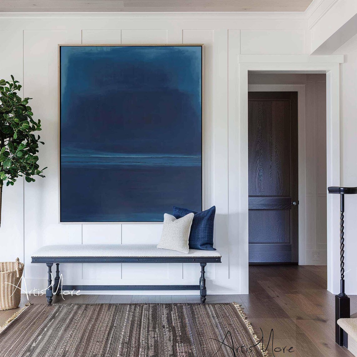 Deep Navy Blue Abstract Painting Soft Horizon Band Modern Minimalist Art - Image 2