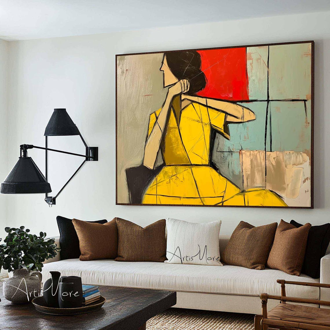 Abstract Woman Yellow Dress Seated Modern Figurative Art Poster - Image 3