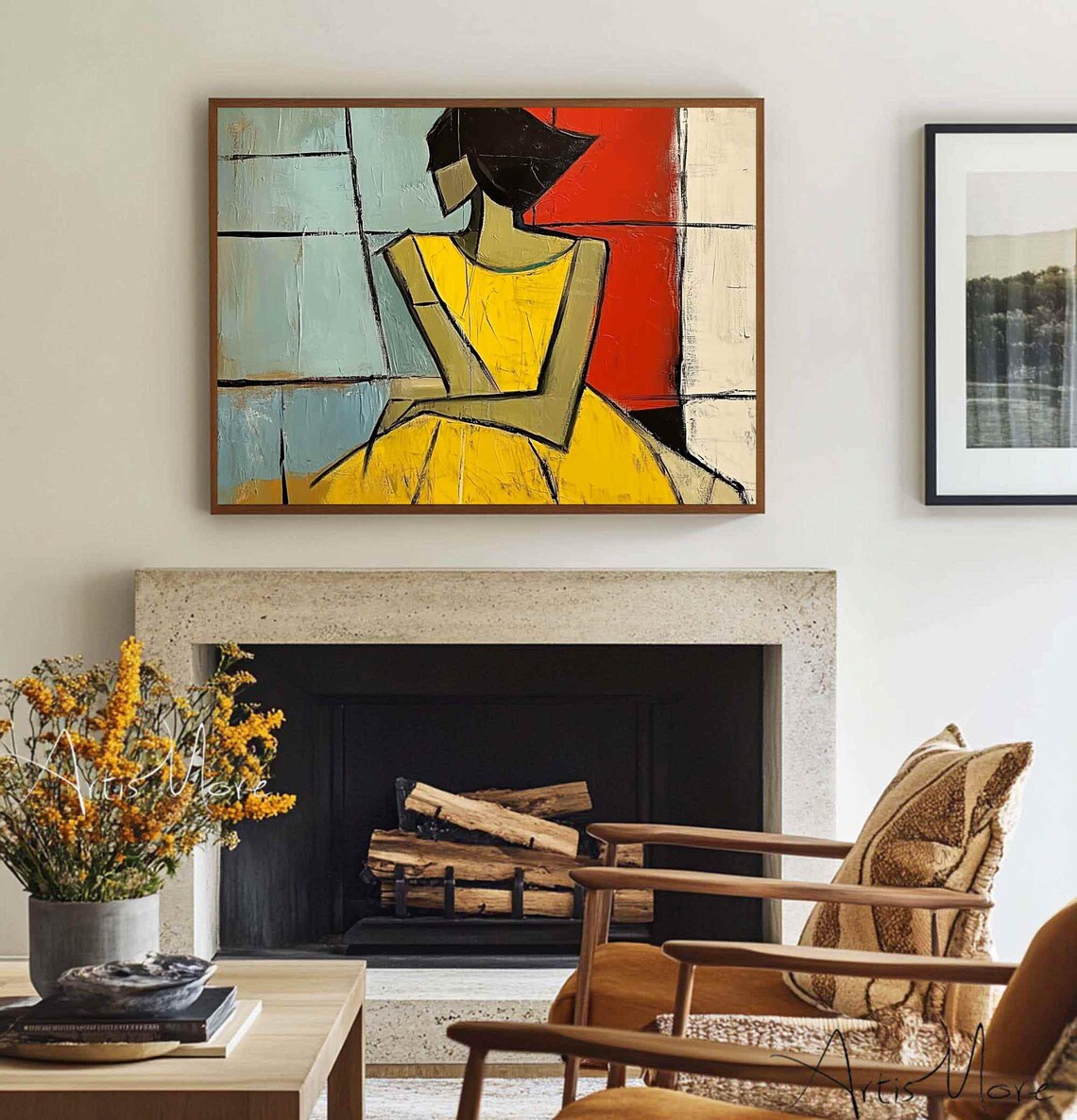 Cubist Woman Yellow Dress Abstract Seated Figure Canvas Art Poster - Image 2