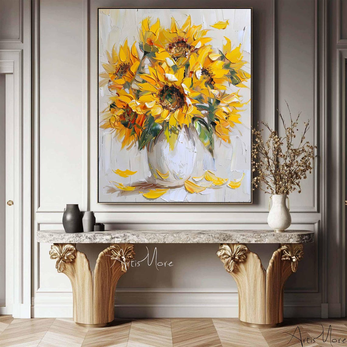 Sunflower Bouquet White Vase Yellow Bloom Impressionist Art Poster - Image 3