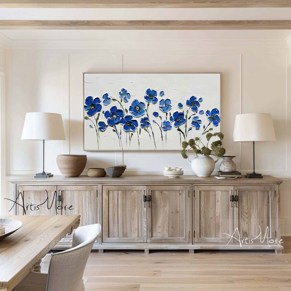 Blue Flowers White Background Painting Palette Knife Floral Wall Art - Image 5