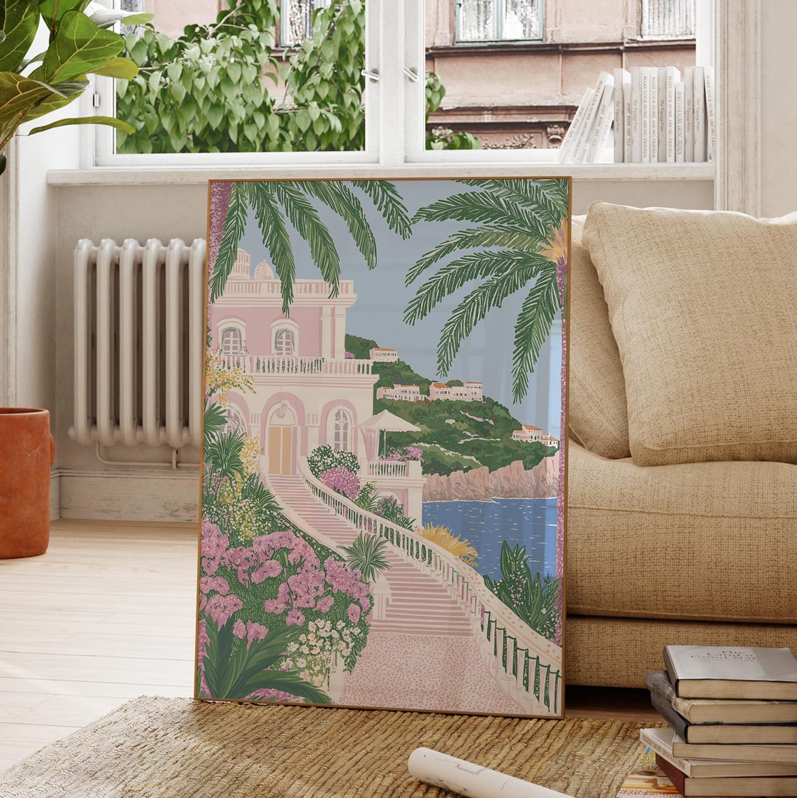 Pink Mediterranean Villa Wall Art Print Coastal Garden Palm Tree Architecture Poster Summer Home Decor - Image 4