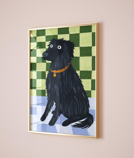 Black Shaggy Dog Orange Collar Green Checkered Nursery Kids Room Poster