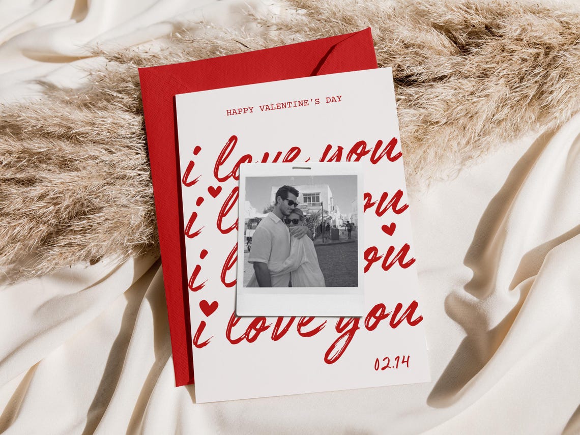 Valentine Photo Card I Love You Red Script Custom Date Romantic Print