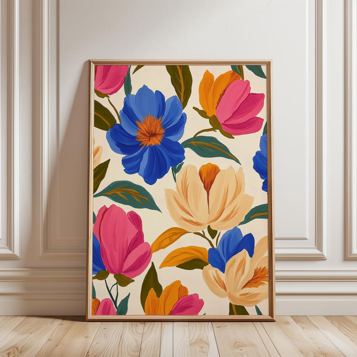 Bold Blue Pink Floral Print Large Scale Modern Botanical Wall Art