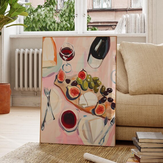 Pink Maximalist Wine Cheese Board Figs Olives Kitchen Dining Art Poster