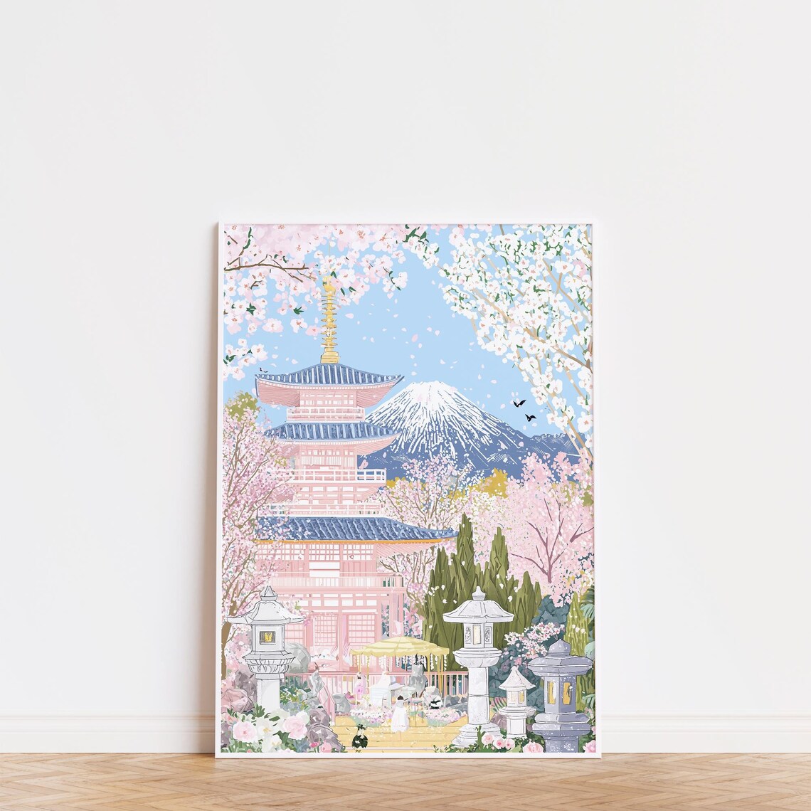 Mount Fuji Cherry Blossom Pink Pagoda Japanese Garden Spring Poster - Image 3