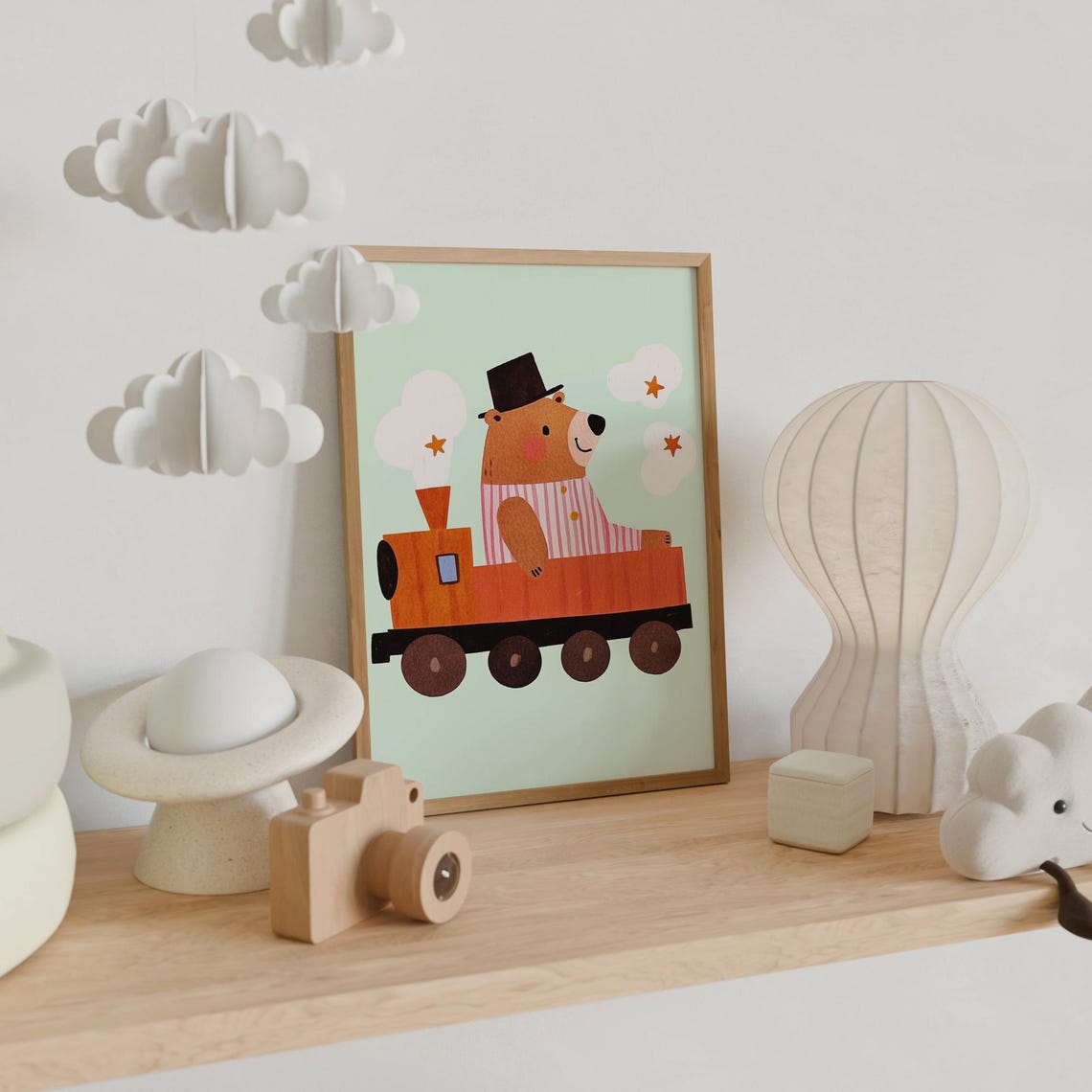 Bear In Top Hat Driving Orange Train Nursery Kids Animal Poster