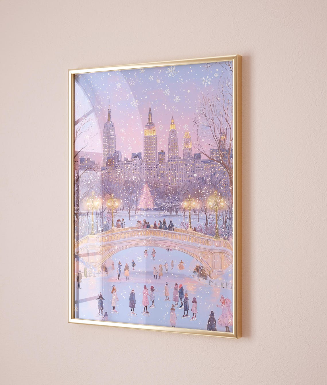 Central Park Bow Bridge Winter Ice Skaters Snowy NYC Skyline Poster - Image 2