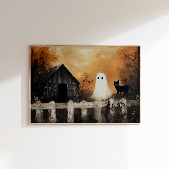 Ghost And Black Cat By Old Barn At Autumn Dusk Halloween Poster